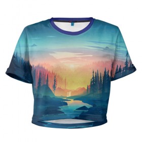 Женская футболка 3D укороченная с принтом Лес в Екатеринбурге, 100% полиэстер | круглая горловина, длина футболки до линии талии, рукава с отворотами | firewatch | forest | nature | river | tree | trees | деревья | лес | природа | река