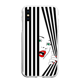 Чехол для iPhone XS Max матовый с принтом Pop art girl в Екатеринбурге, Силикон | Область печати: задняя сторона чехла, без боковых панелей | abstraction | background | band | black and white | fashion | girl | hair | pop art | silhouette | style | абстракция | девушка | мода | полосы | поп  арт | прическа | силуэт | стиль | фон | черно  белый