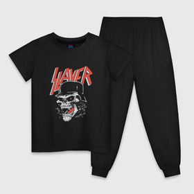 Детская пижама хлопок с принтом Slayer череп в Екатеринбурге, 100% хлопок |  брюки и футболка прямого кроя, без карманов, на брюках мягкая резинка на поясе и по низу штанин
 | Тематика изображения на принте: slayer | группа | гэри холт | злость | зубы | каска | керри кинг | кости | метал | музыка | песни | пол бостаф | рок | слеар | слеер | слеяр | том арайа | трэш метал | тяжелый рок | хеви метал | язык