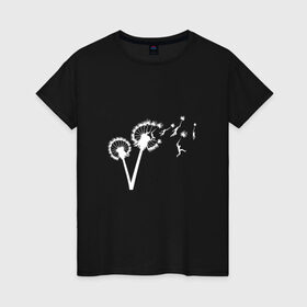 Женская футболка хлопок с принтом Одуванчик и человечки в Екатеринбурге, 100% хлопок | прямой крой, круглый вырез горловины, длина до линии бедер, слегка спущенное плечо | ветер | дунул | дуть | легкий | люди | маленький | одуван | полет | прыжок | стебель | цветок | человек
