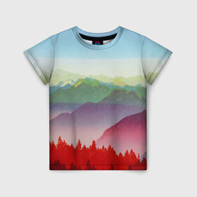 Детская футболка 3D с принтом Радужный пейзаж в Екатеринбурге, 100% гипоаллергенный полиэфир | прямой крой, круглый вырез горловины, длина до линии бедер, чуть спущенное плечо, ткань немного тянется | горы | деревья | дождь | лес | массив | небо | природа | рельеф | скалы | яркий