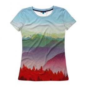 Женская футболка 3D с принтом Радужный пейзаж в Екатеринбурге, 100% полиэфир ( синтетическое хлопкоподобное полотно) | прямой крой, круглый вырез горловины, длина до линии бедер | горы | деревья | дождь | лес | массив | небо | природа | рельеф | скалы | яркий