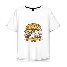 Мужская футболка хлопок Oversize с принтом Котбургер в Екатеринбурге, 100% хлопок | свободный крой, круглый ворот, “спинка” длиннее передней части | булка | бургер | гамбургер | детский | еда | животные | картинка | кот | коте | котенок | котята | кошка | милые | рисунок | смешные | сыр | чизбургер