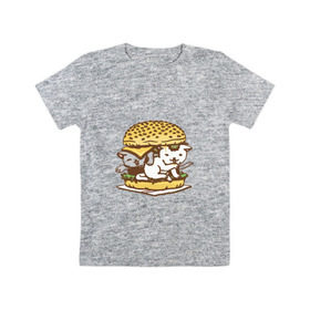 Детская футболка хлопок с принтом Котбургер в Екатеринбурге, 100% хлопок | круглый вырез горловины, полуприлегающий силуэт, длина до линии бедер | Тематика изображения на принте: булка | бургер | гамбургер | детский | еда | животные | картинка | кот | коте | котенок | котята | кошка | милые | рисунок | смешные | сыр | чизбургер