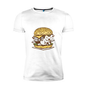 Мужская футболка премиум с принтом Котбургер в Екатеринбурге, 92% хлопок, 8% лайкра | приталенный силуэт, круглый вырез ворота, длина до линии бедра, короткий рукав | булка | бургер | гамбургер | детский | еда | животные | картинка | кот | коте | котенок | котята | кошка | милые | рисунок | смешные | сыр | чизбургер