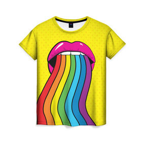 Женская футболка 3D с принтом Pop art в Екатеринбурге, 100% полиэфир ( синтетическое хлопкоподобное полотно) | прямой крой, круглый вырез горловины, длина до линии бедер | fun | lip color | mouth | pop art | rainbow | reggae | spectrum | style | summer | teeth | yellow | веселье | губы | желтый | зубы | лето | поп арт | радуга | рот | спектр | стиль | цвет