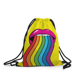 Рюкзак-мешок 3D с принтом Pop art в Екатеринбурге, 100% полиэстер | плотность ткани — 200 г/м2, размер — 35 х 45 см; лямки — толстые шнурки, застежка на шнуровке, без карманов и подкладки | Тематика изображения на принте: fun | lip color | mouth | pop art | rainbow | reggae | spectrum | style | summer | teeth | yellow | веселье | губы | желтый | зубы | лето | поп арт | радуга | рот | спектр | стиль | цвет