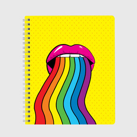 Тетрадь с принтом Pop art в Екатеринбурге, 100% бумага | 48 листов, плотность листов — 60 г/м2, плотность картонной обложки — 250 г/м2. Листы скреплены сбоку удобной пружинной спиралью. Уголки страниц и обложки скругленные. Цвет линий — светло-серый
 | Тематика изображения на принте: fun | lip color | mouth | pop art | rainbow | reggae | spectrum | style | summer | teeth | yellow | веселье | губы | желтый | зубы | лето | поп арт | радуга | рот | спектр | стиль | цвет