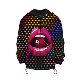 Детская куртка 3D с принтом Pop art в Екатеринбурге, 100% полиэстер | застежка — молния, подол и капюшон оформлены резинкой с фиксаторами, по бокам — два кармана без застежек, один потайной карман на груди, плотность верхнего слоя — 90 г/м2; плотность флисового подклада — 260 г/м2 | cherry | colorful | fashion | funny | gesture | lips | lipstick | makeup | mouth | pop art | rainbow | style | веселый | вишенка | вишня | губы | жест | зубы | клубный | любовь | макияж | мода | помада | поп арт | прикольный | радуга | рот | стиль | страс