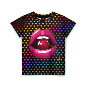 Детская футболка 3D с принтом Pop art в Екатеринбурге, 100% гипоаллергенный полиэфир | прямой крой, круглый вырез горловины, длина до линии бедер, чуть спущенное плечо, ткань немного тянется | cherry | colorful | fashion | funny | gesture | lips | lipstick | makeup | mouth | pop art | rainbow | style | веселый | вишенка | вишня | губы | жест | зубы | клубный | любовь | макияж | мода | помада | поп арт | прикольный | радуга | рот | стиль | страс