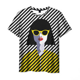 Мужская футболка 3D с принтом Pop art girl в Екатеринбурге, 100% полиэфир | прямой крой, круглый вырез горловины, длина до линии бедер | abstraction | bright | color | fashion | hair | lines | lips | pop art | rack | red | style | yellow | абстракция | губы | желтый | каре | красный | линии | мода | очки | поп арт | прическа | стиль | цвет | яркий