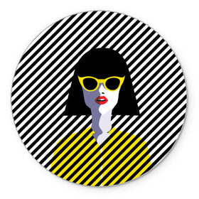 Коврик круглый с принтом Pop art girl в Екатеринбурге, резина и полиэстер | круглая форма, изображение наносится на всю лицевую часть | abstraction | bright | color | fashion | hair | lines | lips | pop art | rack | red | style | yellow | абстракция | губы | желтый | каре | красный | линии | мода | очки | поп арт | прическа | стиль | цвет | яркий