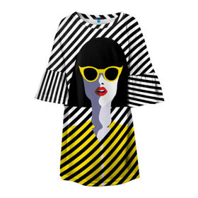 Детское платье 3D с принтом Pop art girl в Екатеринбурге, 100% полиэстер | прямой силуэт, чуть расширенный к низу. Круглая горловина, на рукавах — воланы | abstraction | bright | color | fashion | hair | lines | lips | pop art | rack | red | style | yellow | абстракция | губы | желтый | каре | красный | линии | мода | очки | поп арт | прическа | стиль | цвет | яркий