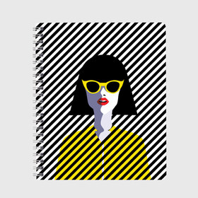 Тетрадь с принтом Pop art girl в Екатеринбурге, 100% бумага | 48 листов, плотность листов — 60 г/м2, плотность картонной обложки — 250 г/м2. Листы скреплены сбоку удобной пружинной спиралью. Уголки страниц и обложки скругленные. Цвет линий — светло-серый
 | abstraction | bright | color | fashion | hair | lines | lips | pop art | rack | red | style | yellow | абстракция | губы | желтый | каре | красный | линии | мода | очки | поп арт | прическа | стиль | цвет | яркий
