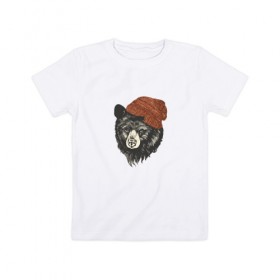 Детская футболка хлопок с принтом Медведь в шапке в Екатеринбурге, 100% хлопок | круглый вырез горловины, полуприлегающий силуэт, длина до линии бедер | 