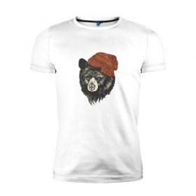 Мужская футболка премиум с принтом Медведь в шапке в Екатеринбурге, 92% хлопок, 8% лайкра | приталенный силуэт, круглый вырез ворота, длина до линии бедра, короткий рукав | 