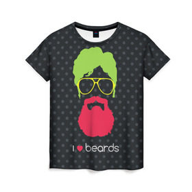 Женская футболка 3D с принтом I like beards в Екатеринбурге, 100% полиэфир ( синтетическое хлопкоподобное полотно) | прямой крой, круглый вырез горловины, длина до линии бедер | acid | background | beard | bright | club | color | face | fashion | head | hipster | male | mustache | p | pop art | style | борода | голова | горох | кислотный | клубный | лицо | мода | мужчина | очки | поп арт | стиль | усы | фон | хипстер | 