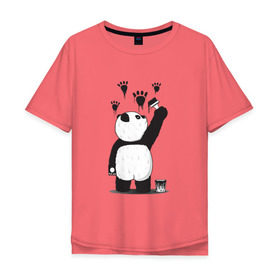Мужская футболка хлопок Oversize с принтом Панда наследил в Екатеринбурге, 100% хлопок | свободный крой, круглый ворот, “спинка” длиннее передней части | бамбук | бамбуковый медведь | банка | животное | зубы | капли | когти | краска | красная книга | лапы | мишка | панда | подтеки | прикол | прикольный | рисует | следы | черный | япония