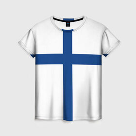Женская футболка 3D с принтом Флаг Финляндии в Екатеринбурге, 100% полиэфир ( синтетическое хлопкоподобное полотно) | прямой крой, круглый вырез горловины, длина до линии бедер | finland | flag | suomi | финляндия | флаг