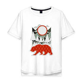 Мужская футболка хлопок Oversize с принтом Осторожно, медведь в Екатеринбурге, 100% хлопок | свободный крой, круглый ворот, “спинка” длиннее передней части | геометрические | геометрия | деревья | дорожный | животное | зверь | знак | медведь | мишка | облака | рисунок | треугольники | фигуры