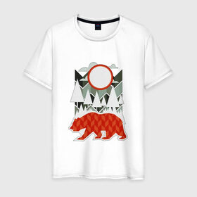 Мужская футболка хлопок с принтом Осторожно, медведь в Екатеринбурге, 100% хлопок | прямой крой, круглый вырез горловины, длина до линии бедер, слегка спущенное плечо. | геометрические | геометрия | деревья | дорожный | животное | зверь | знак | медведь | мишка | облака | рисунок | треугольники | фигуры