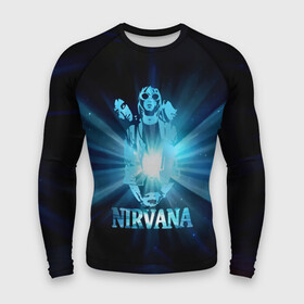 Мужской рашгард 3D с принтом Группа Nirvana в Екатеринбурге,  |  | kurt cobain | nirvana | вечная память | гитара | гранж | кумир | курт кобейн | лучи | микрофон | музыкант | надпись | нирвана | певец | рок | свет