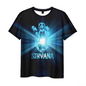 Мужская футболка 3D с принтом Группа Nirvana в Екатеринбурге, 100% полиэфир | прямой крой, круглый вырез горловины, длина до линии бедер | kurt cobain | nirvana | вечная память | гитара | гранж | кумир | курт кобейн | лучи | микрофон | музыкант | надпись | нирвана | певец | рок | свет