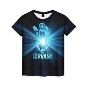 Женская футболка 3D с принтом Группа Nirvana в Екатеринбурге, 100% полиэфир ( синтетическое хлопкоподобное полотно) | прямой крой, круглый вырез горловины, длина до линии бедер | kurt cobain | nirvana | вечная память | гитара | гранж | кумир | курт кобейн | лучи | микрофон | музыкант | надпись | нирвана | певец | рок | свет