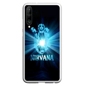 Чехол для Honor P30 с принтом Группа Nirvana в Екатеринбурге, Силикон | Область печати: задняя сторона чехла, без боковых панелей | Тематика изображения на принте: kurt cobain | nirvana | вечная память | гитара | гранж | кумир | курт кобейн | лучи | микрофон | музыкант | надпись | нирвана | певец | рок | свет