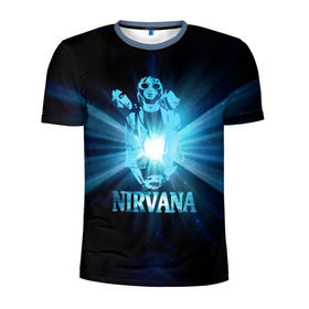 Мужская футболка 3D спортивная с принтом Группа Nirvana в Екатеринбурге, 100% полиэстер с улучшенными характеристиками | приталенный силуэт, круглая горловина, широкие плечи, сужается к линии бедра | kurt cobain | nirvana | вечная память | гитара | гранж | кумир | курт кобейн | лучи | микрофон | музыкант | надпись | нирвана | певец | рок | свет
