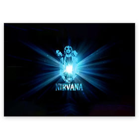 Поздравительная открытка с принтом Группа Nirvana в Екатеринбурге, 100% бумага | плотность бумаги 280 г/м2, матовая, на обратной стороне линовка и место для марки
 | Тематика изображения на принте: kurt cobain | nirvana | вечная память | гитара | гранж | кумир | курт кобейн | лучи | микрофон | музыкант | надпись | нирвана | певец | рок | свет