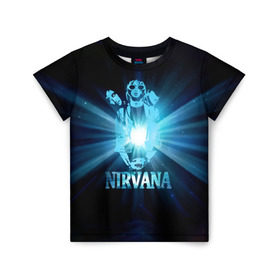Детская футболка 3D с принтом Группа Nirvana в Екатеринбурге, 100% гипоаллергенный полиэфир | прямой крой, круглый вырез горловины, длина до линии бедер, чуть спущенное плечо, ткань немного тянется | kurt cobain | nirvana | вечная память | гитара | гранж | кумир | курт кобейн | лучи | микрофон | музыкант | надпись | нирвана | певец | рок | свет