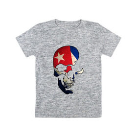 Детская футболка хлопок с принтом Цветной череп в Екатеринбурге, 100% хлопок | круглый вырез горловины, полуприлегающий силуэт, длина до линии бедер | Тематика изображения на принте: злой | знамя | зубы | кости | куба | линии | остров | полосы | символ | скелет | улыбка | флаг | череп