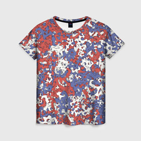 Женская футболка 3D с принтом Бело-сине-красный камуфляж в Екатеринбурге, 100% полиэфир ( синтетическое хлопкоподобное полотно) | прямой крой, круглый вырез горловины, длина до линии бедер | белый | красный | милитари | паттрен | россия | синий | текстура | триколор | флаг