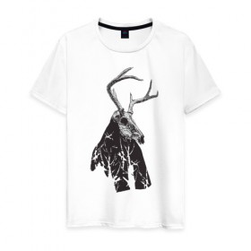 Мужская футболка хлопок с принтом Адепт в Екатеринбурге, 100% хлопок | прямой крой, круглый вырез горловины, длина до линии бедер, слегка спущенное плечо. | готический | животное | лес | мистика | мрачное | ночь | олень | рога | страшное | череп