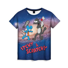 Женская футболка 3D с принтом Itchy & Scratchy space в Екатеринбурге, 100% полиэфир ( синтетическое хлопкоподобное полотно) | прямой крой, круглый вырез горловины, длина до линии бедер | simpsons | the itchy  scratchy | симпсоны | щекотка и царапка