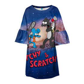 Детское платье 3D с принтом Itchy & Scratchy space в Екатеринбурге, 100% полиэстер | прямой силуэт, чуть расширенный к низу. Круглая горловина, на рукавах — воланы | Тематика изображения на принте: simpsons | the itchy  scratchy | симпсоны | щекотка и царапка