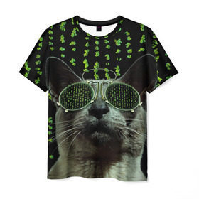 Мужская футболка 3D с принтом Кот в матрице в Екатеринбурге, 100% полиэфир | прямой крой, круглый вырез горловины, длина до линии бедер | кот | матрица | очки