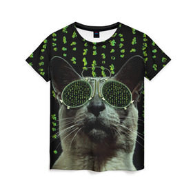 Женская футболка 3D с принтом Кот в матрице в Екатеринбурге, 100% полиэфир ( синтетическое хлопкоподобное полотно) | прямой крой, круглый вырез горловины, длина до линии бедер | Тематика изображения на принте: кот | матрица | очки