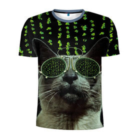 Мужская футболка 3D спортивная с принтом Кот в матрице в Екатеринбурге, 100% полиэстер с улучшенными характеристиками | приталенный силуэт, круглая горловина, широкие плечи, сужается к линии бедра | кот | матрица | очки