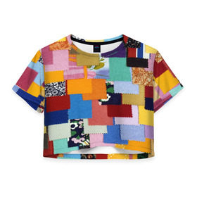 Женская футболка 3D укороченная с принтом Цветные лоскуты в Екатеринбурге, 100% полиэстер | круглая горловина, длина футболки до линии талии, рукава с отворотами | color | spray | капли красок | лоскуты | одежда | радуга | разноцветные | цветные
