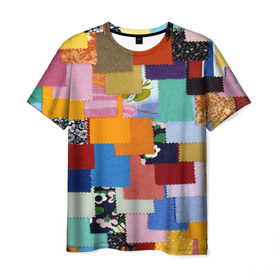 Мужская футболка 3D с принтом Цветные лоскуты в Екатеринбурге, 100% полиэфир | прямой крой, круглый вырез горловины, длина до линии бедер | color | spray | капли красок | лоскуты | одежда | радуга | разноцветные | цветные