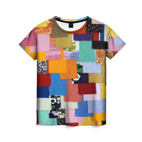 Женская футболка 3D с принтом Цветные лоскуты в Екатеринбурге, 100% полиэфир ( синтетическое хлопкоподобное полотно) | прямой крой, круглый вырез горловины, длина до линии бедер | color | spray | капли красок | лоскуты | одежда | радуга | разноцветные | цветные