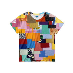 Детская футболка 3D с принтом Цветные лоскуты в Екатеринбурге, 100% гипоаллергенный полиэфир | прямой крой, круглый вырез горловины, длина до линии бедер, чуть спущенное плечо, ткань немного тянется | Тематика изображения на принте: color | spray | капли красок | лоскуты | одежда | радуга | разноцветные | цветные