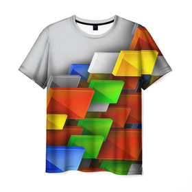 Мужская футболка 3D с принтом Абстрактные фигуры в Екатеринбурге, 100% полиэфир | прямой крой, круглый вырез горловины, длина до линии бедер | Тематика изображения на принте: грань | краски | кубик | кубики | линии | мозаика | разноцветные кубы | ребро | текстура | тени | узор