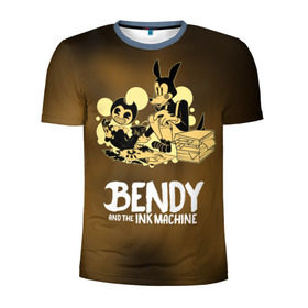 Мужская футболка 3D спортивная с принтом Bendy and the ink machine в Екатеринбурге, 100% полиэстер с улучшенными характеристиками | приталенный силуэт, круглая горловина, широкие плечи, сужается к линии бедра | Тематика изображения на принте: bendy | horror | ink | machine