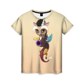 Женская футболка 3D с принтом Дискорд в Екатеринбурге, 100% полиэфир ( синтетическое хлопкоподобное полотно) | прямой крой, круглый вырез горловины, длина до линии бедер | chaos | chibi | discord | draconequus | dragon | mlp | pony | дискорд | дракон | драконикус | пони | хаос | чиби