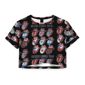 Женская футболка 3D укороченная с принтом The Rolling Stones в Екатеринбурге, 100% полиэстер | круглая горловина, длина футболки до линии талии, рукава с отворотами | Тематика изображения на принте: англия | аргентина | блюз рок | канада | мик джаггер | музыка | песни | психоделический рок | ритм н блюз | рок | рок н ролл | ролинг | рот | стоун | стоунз | сша | флаг | язык | япония