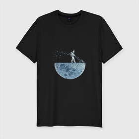 Мужская футболка премиум с принтом Стрижет луну в Екатеринбурге, 92% хлопок, 8% лайкра | приталенный силуэт, круглый вырез ворота, длина до линии бедра, короткий рукав | газонокосилка | звезды | космонавт | космос | луна | луны | поверхность | пузыри | рисунок | скафандр | фантастика