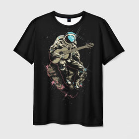 Мужская футболка 3D с принтом Космонавт с гитарой в Екатеринбурге, 100% полиэфир | прямой крой, круглый вырез горловины, длина до линии бедер | гитара | звезды | земля | космонавт | космос | рок | сфера